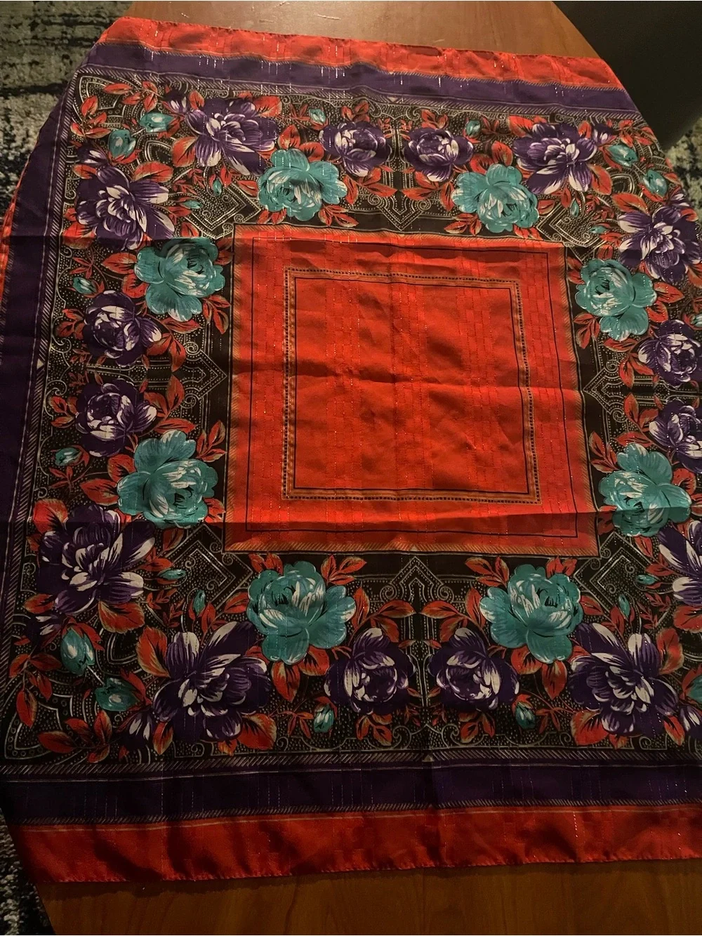 The Bar Red Throw with Teal and Purple Floral Border